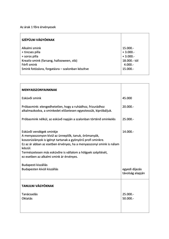 Herendi Viki profi sminkes árlista